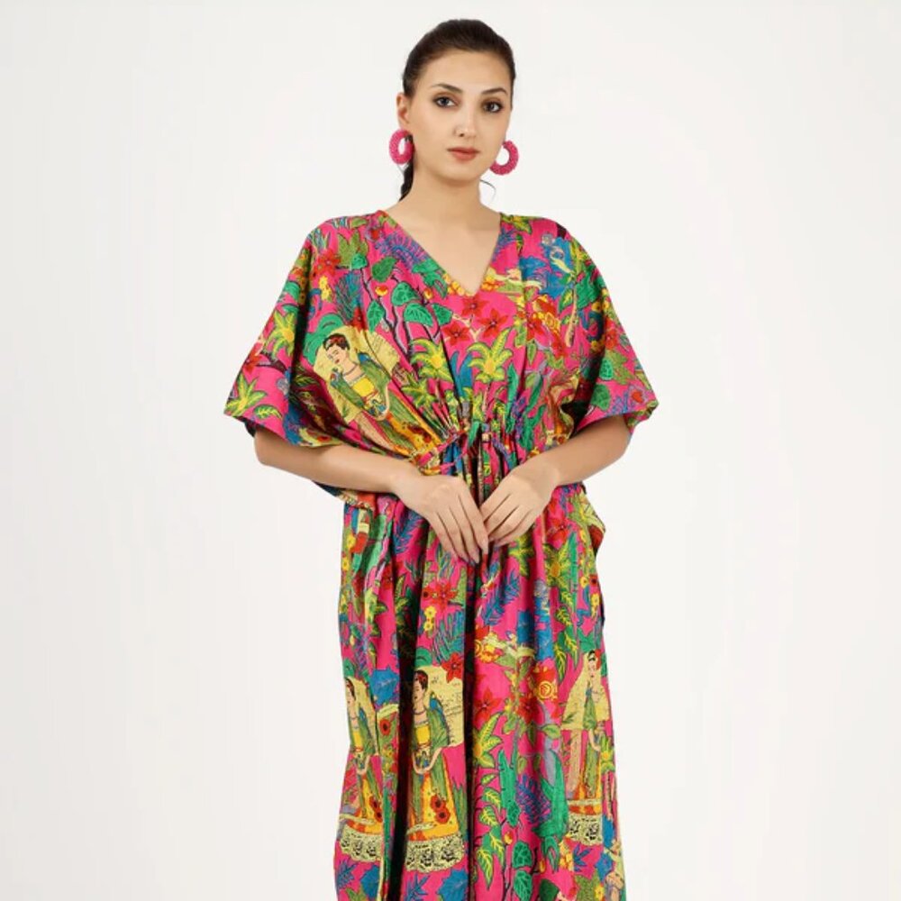 BRAND NEW Pink Frida Kahlo Block Printed Kaftan Cotton summer Maxi dress - Picture 3 of 6